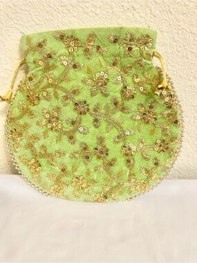 Indian Potli Embroidered Soft Lime Velvet Bag with Gold Motif (9”x9”)